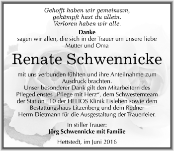 Traueranzeige von Renate Schwennicke von Mitteldeutsche Zeitung Mansfelder Land