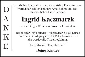 Traueranzeige von Ingrid Kaczmarek von WVG - Wochenspiegel Dessau / Köthen