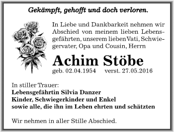 Traueranzeige von Achim Stöbe von Mitteldeutsche Zeitung Weißenfels