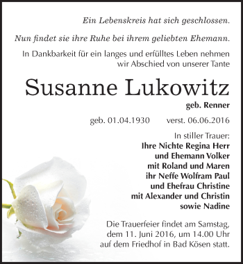 Traueranzeige von Susanne Lukowitz von Mitteldeutsche Zeitung Naumburg/Nebra