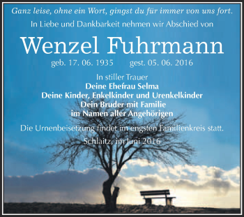 Traueranzeige von Wenzel Fuhrmann von WVG - Wochenspiegel Bitterfeld