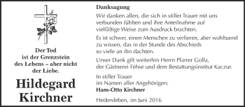 Traueranzeige von Hildegard Kirchner von WVG - Wochenspiegel Quedlinburg