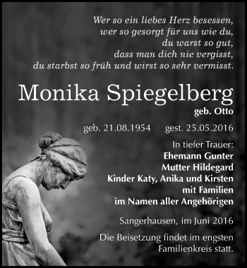 Traueranzeige von Monika Spiegelberg von Mitteldeutsche Zeitung Sangerhausen