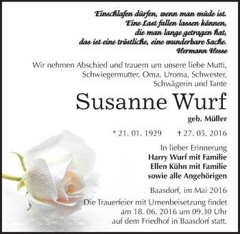Traueranzeige von Susanne Wurf von Mitteldeutsche Zeitung Köthen