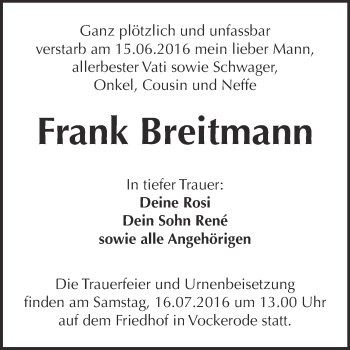Traueranzeige von Frank Breitmann von Super Sonntag Wittenberg