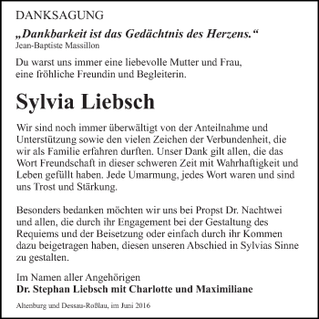 Traueranzeige von Sylvia Liebsch von WVG - Wochenspiegel Dessau / Köthen