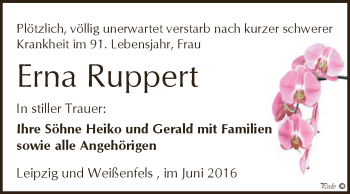 Traueranzeige von Erna Ruppert von WVG - Wochenspiegel NMB / WSF / ZTZ