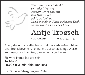 Traueranzeige von Antje Trogsch von WVG - Wochenspiegel Wittenberg