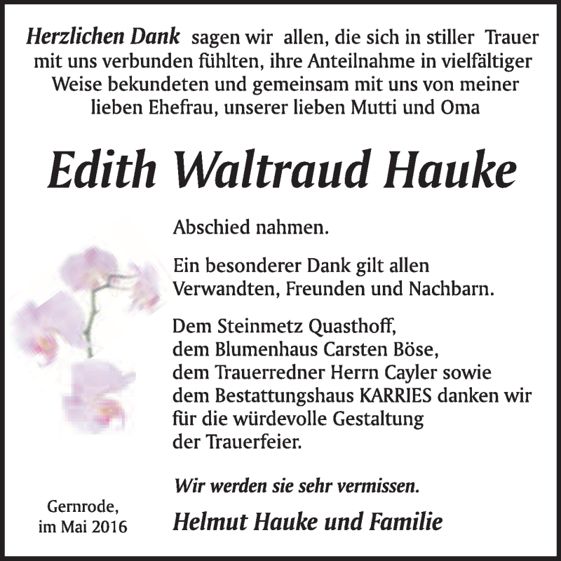  Traueranzeige für Edith Waltraud Hauke vom 04.06.2016 aus WVG - Wochenspiegel Quedlinburg