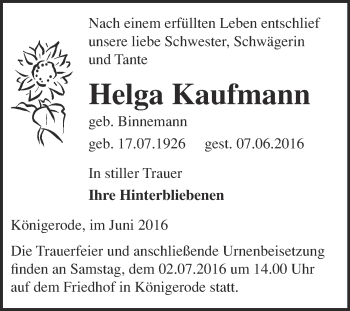 Traueranzeige von Helga Kaufmann von WVG - Wochenspiegel Quedlinburg