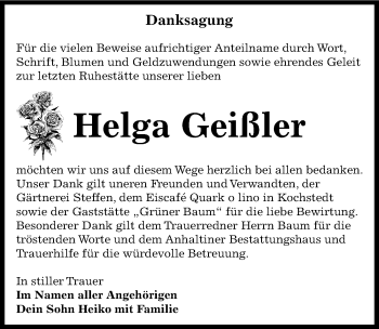 Traueranzeige von Helga Geißler von Mitteldeutsche Zeitung Dessau-Roßlau