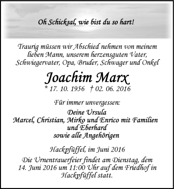 Traueranzeige von Joachim Marx von Mitteldeutsche Zeitung Sangerhausen