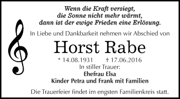 Traueranzeige von Horst Rabe von WVG - Wochenspiegel Dessau / Köthen