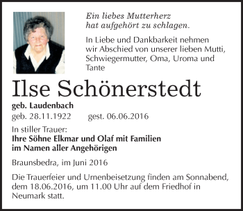 Traueranzeige von Ilse Schönerstedt von Mitteldeutsche Zeitung Merseburg/Querfurt