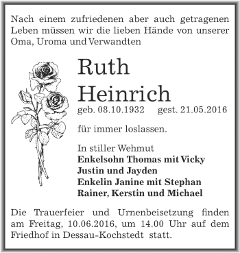 Traueranzeige von Ruth Heinrich von WVG - Wochenspiegel Dessau / Köthen