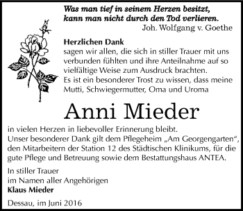 Traueranzeige von Anni Mieder von Mitteldeutsche Zeitung Dessau-Roßlau