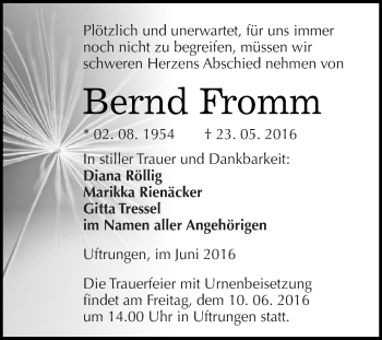 Traueranzeige von Bernd Fromm von WVG - Wochenspiegel SGH