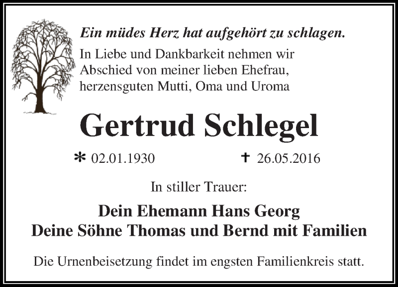  Traueranzeige für Gertrud Schlegel vom 04.06.2016 aus WVG - Wochenspiegel Dessau / Köthen