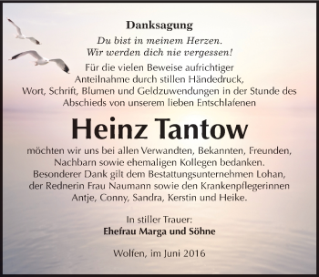 Traueranzeige von Heinz Tantow von Mitteldeutsche Zeitung Bitterfeld