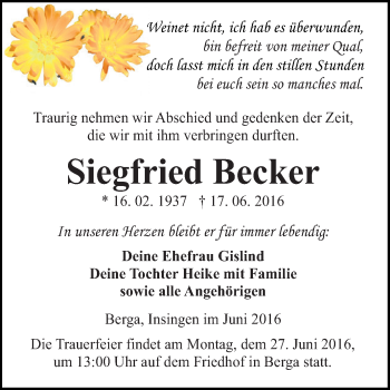 Traueranzeige von Siegfried Becker von Super Sonntag SGH Mansf. Land