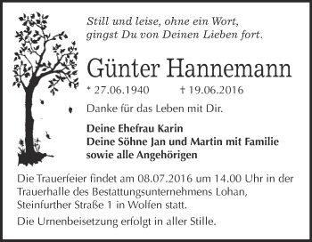 Traueranzeige von Günter Hannemann von WVG - Wochenspiegel Bitterfeld