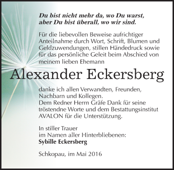 Traueranzeige von Alexander Eckersberg von Mitteldeutsche Zeitung Merseburg/Querfurt