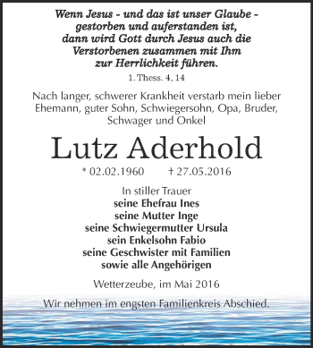 Traueranzeige von Lutz Aderhold von Super Sonntag Zeitz