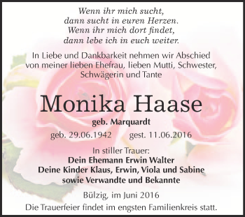 Traueranzeige von Monika Haase von Super Sonntag Wittenberg