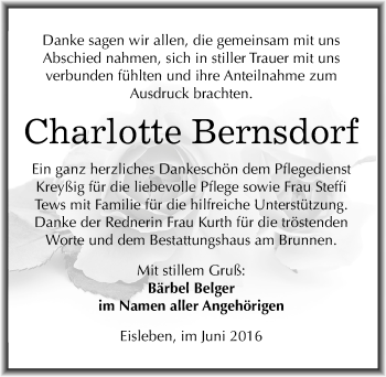 Traueranzeige von Charlotte Bernsdorf von Mitteldeutsche Zeitung Mansfelder Land