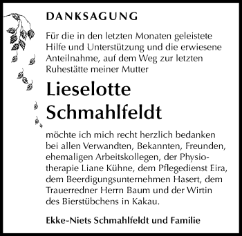 Traueranzeige von Lieselotte Schmahlfeldt von Mitteldeutsche Zeitung Dessau-Roßlau