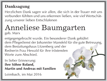 Traueranzeige von Anneliese Baumgarten von Mitteldeutsche Zeitung Mansfelder Land