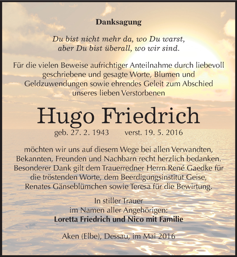  Traueranzeige für Hugo Friedrich vom 02.06.2016 aus Mitteldeutsche Zeitung Köthen
