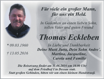 Traueranzeige von Thomas Eckleben von Mitteldeutsche Zeitung Dessau-Roßlau