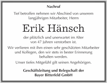 Traueranzeige von Erik Hänsch von WVG - Wochenspiegel Bitterfeld
