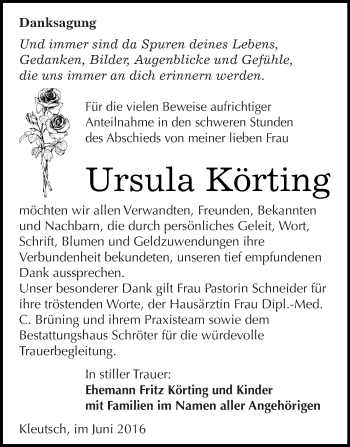 Traueranzeige von Ursula Körting von WVG - Wochenspiegel Bitterfeld