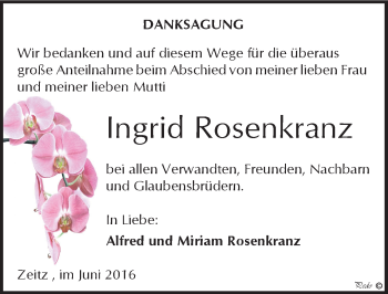 Traueranzeige von Ingrid Rosenkranz von Mitteldeutsche Zeitung Zeitz