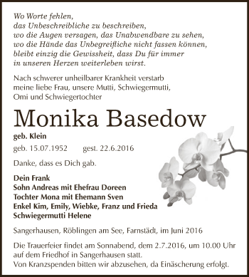 Traueranzeige von Monika Basedow von WVG - Wochenspiegel SGH