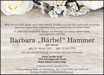 Traueranzeige von Barbara Hammer von Mitteldeutsche Zeitung Wittenberg
