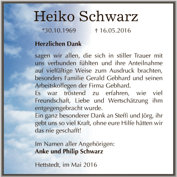 Traueranzeige von Heiko Schwarz von Wochenspiegel Mansfelder Land