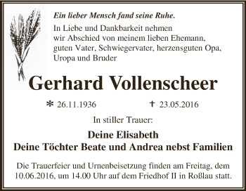 Traueranzeige von Gerhard Vollenscheer von WVG - Wochenspiegel Dessau / Köthen