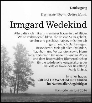 Traueranzeige von Irmgard Wedekind von Super Sonntag SGH Mansf. Land