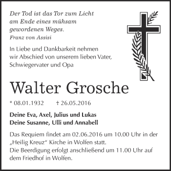 Traueranzeige von Walter Grosche von WVG - Wochenspiegel Bitterfeld