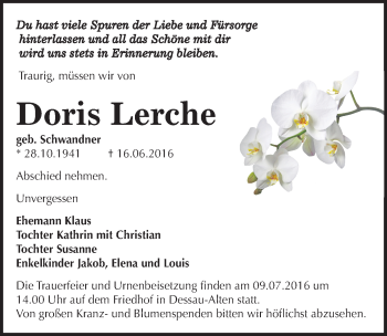 Traueranzeige von Doris Lerche von Mitteldeutsche Zeitung Dessau-Roßlau