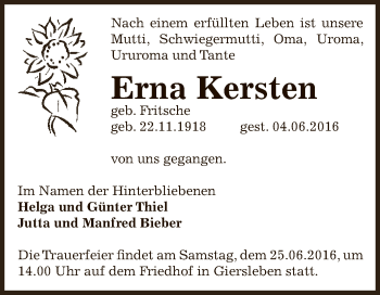 Traueranzeige von Erna Kersten von Super Sonntag Bernburg