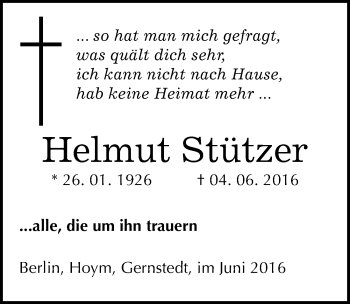 Traueranzeige von Helmut Stützer von Mitteldeutsche Zeitung Naumburg/Nebra