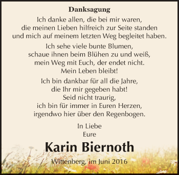Traueranzeige von Karin Biernoth von Mitteldeutsche Zeitung Wittenberg