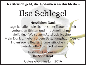 Traueranzeige von Ilse Schlegel von Mitteldeutsche Zeitung Aschersleben