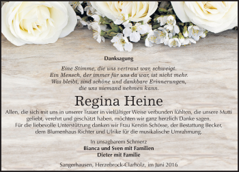 Traueranzeige von Regina Heine von Mitteldeutsche Zeitung Sangerhausen