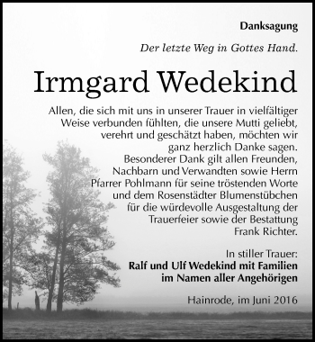 Traueranzeige von Irmgard Wedekind von Mitteldeutsche Zeitung Sangerhausen