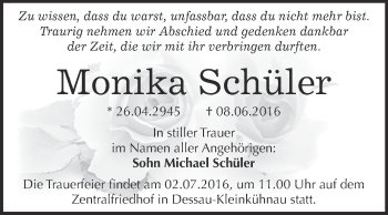 Traueranzeige von Monika Schüler von WVG - Wochenspiegel Dessau / Köthen